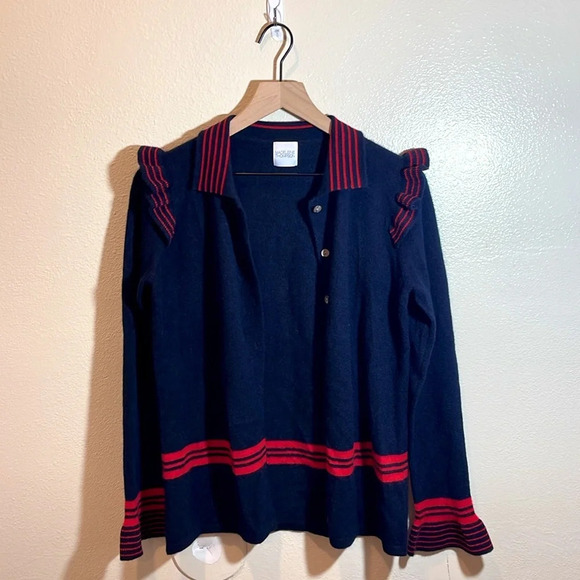 Madeleine Thompson 100% Cashmere Cardigan Blue Red Striped Ruffles size Medium - Picture 7 of 9